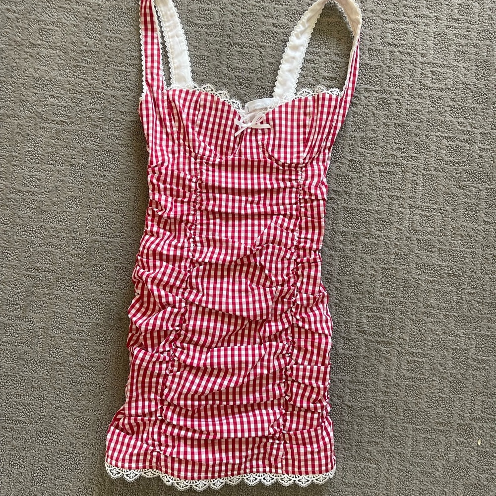 Showpo Red and White Gingham Lace Trim dress